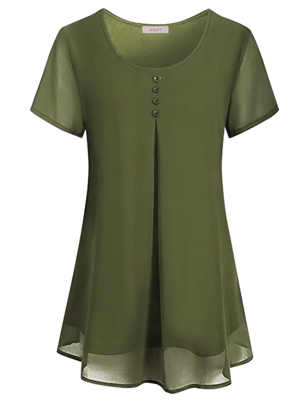 WAJAT Women's Summer Layered Crew Neck Pleated Soft Chiffon Blouse Tops