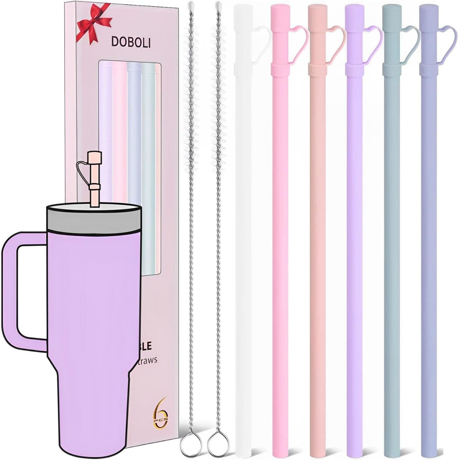 Doboli Replacement 12 inch Long Silicone Straw With Cover,Compatible with Stanley Owala 40 oz 30 oz Cup Tumbler, 6 Pack Reusable Straw with Cleaning Brush,for Stanley Tumbler Accessorie