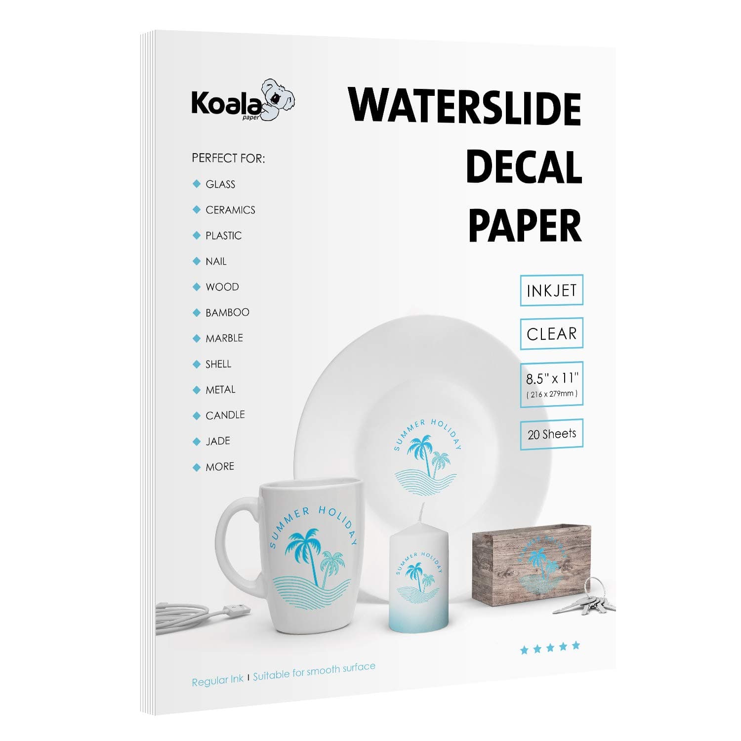 KOALA PAPER Waterslide Decal INKJET CLEAR, 20 Sheets 8.5x11 Inch Water Slide Transfer Transparent Printable Waterslide for DIY Tumbler, Mug, Nails