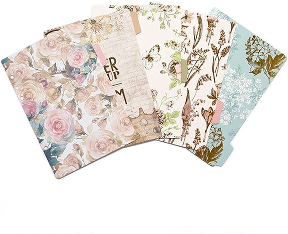 5Pcs Binder Index Dividers Paper,6 Rings Translucent Binder Tab Cards,Plastic Index Tab Binder Dividers for Planner Notebook,Index Dividers,Labels,Indexes and Stamps(A6-Vintage Flower)