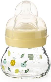 MAM Feel Good Glass Bottle | 1 Pack (1 x 90ml) | Extra Slow Flow MAM Teat Size 0 | Baby Accessories for Newborn | Yellow (Various Designs)