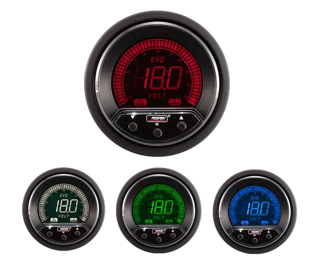 Prosport 52 mm Premium EVO Electrical Volt Gauge – Digital LED Dial (8–18 V), Peak Recall & Programmable Warning, 4-Color Backlight, Includes Gauge, Wiring & Mount Kit – 12 V Vehicles