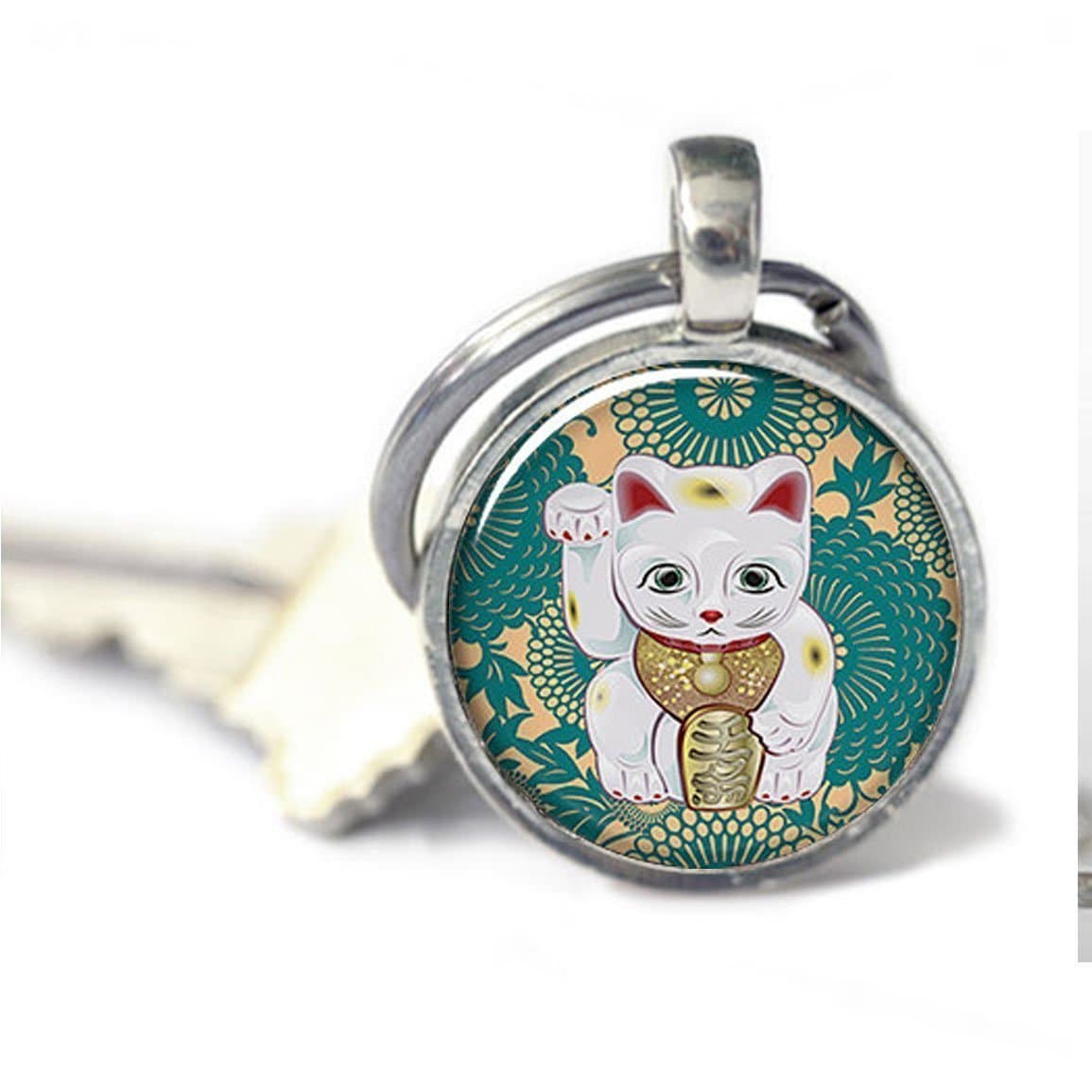 Maneki Neko Teal Art Keychain Charm, Lucky Cat Keychain Charm, Lucky Cat Jewelry, Cat Jewellery Keychain