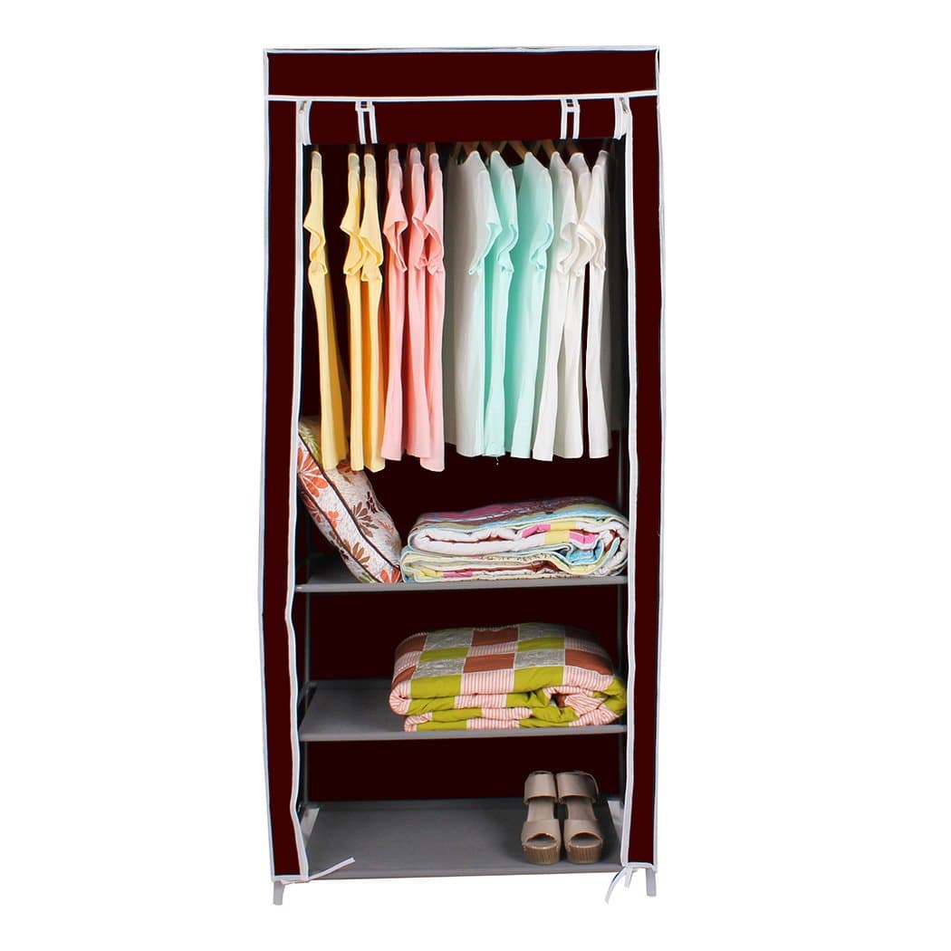 ASSICA Portable Single Clothes/Shoes Closet Wardrobe Organizer with 2 Storage Box Drawers Sturdy Rust-Proof Stainless Steel Frame Non-woven Fabric Rolling Door Home Use (red)