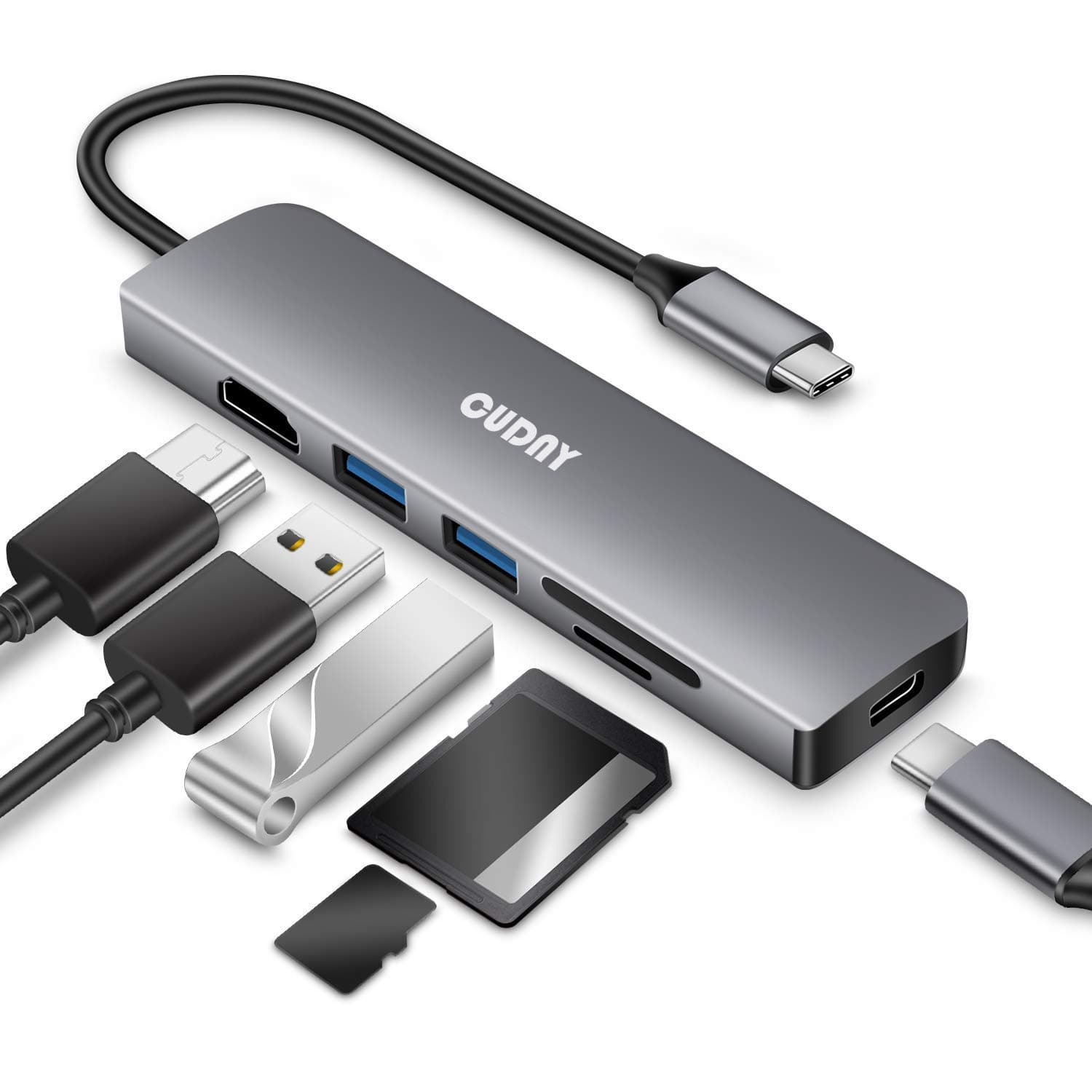 ype C Hub, USB C Hub, CUDNY 5 in 1 Adapter with 4-Port USB 3.0 Portable Aluminum Hub with USB-C PD 3.0 Compatible for Mac Pro and Other Type C Devices (5 in 1)