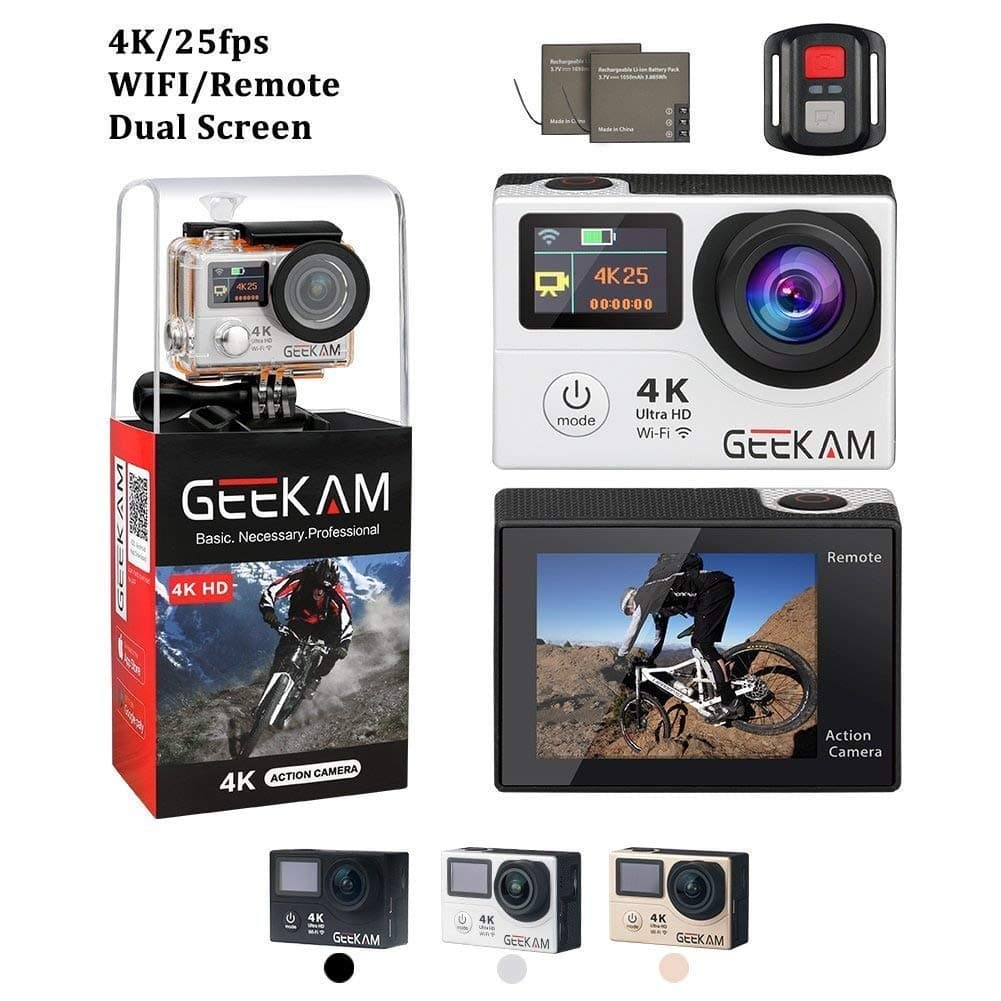 X-Lounger Upgraded 4K Sport Action Camera Cam with Dual Screen Wifi and Remote 30M Waterproof Camcorder with 170° Wide Angle Two Batteries 20 Mounting Kits For Cycle Helmet Bicycle Motorcycle Ski Snorkeling