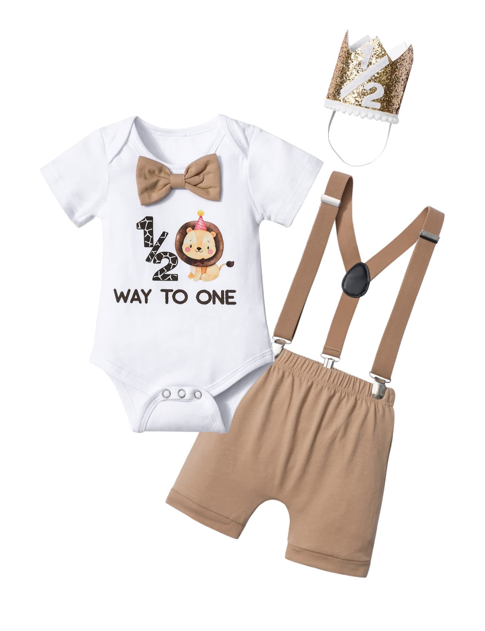DONWENHalf Birthday Outfit Baby Boy 1/2 Way to One Bowtie Romper Suspender Shorts Birthday Crown 1/2 Birthday Clothes Set