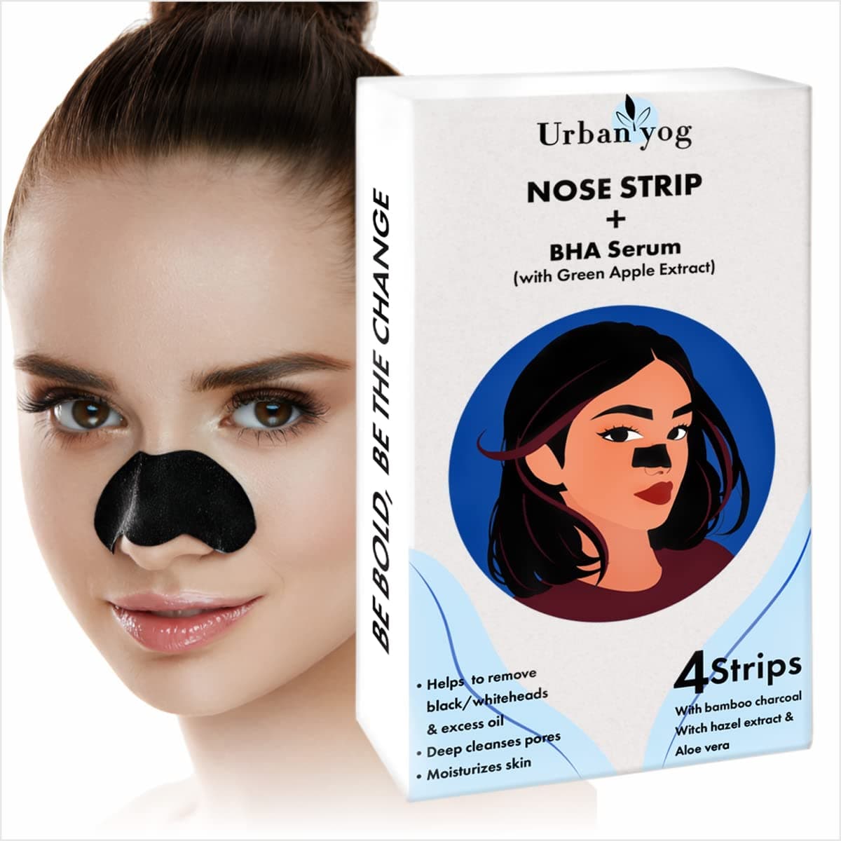 Nose Strip for Blackheads & Whiteheads Removal (4 Strips) + BHA Serum | Charcoal Pore Strips for Nose, Blackhead Remover, Deep Cleansing, Acne Control, Oily Skin, Clear Skin