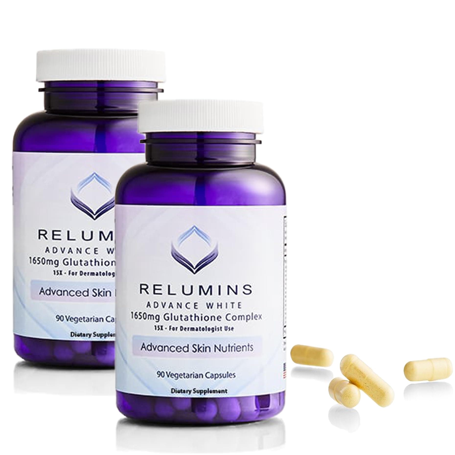 Relumins L-Glutathione Complex 1650mg - Antioxidant Support with Alpha Lipoic Acid, NAC, L-Methionine, Vitamin E, Skin Health Supplement, Made in USA - 90 Vegetarian Capsules x 2 Bottles