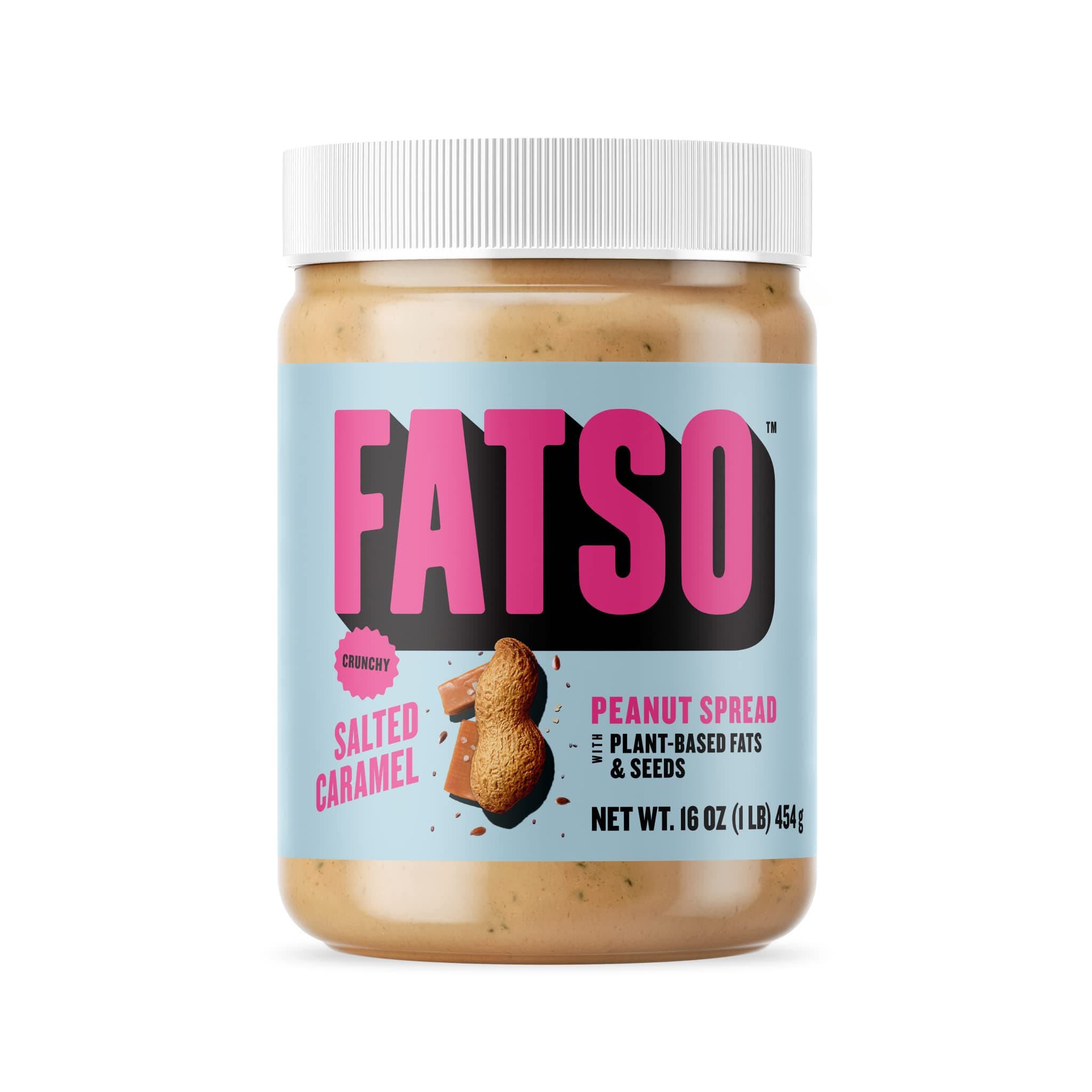 FATSO Crunchy Salted Caramel Peanut Butter - Natural Nut Spread w/Plant-based Seeds & Superfats - Keto-friendly, Gluten-free & Sugar-free Protein Butter - (16oz Jar)