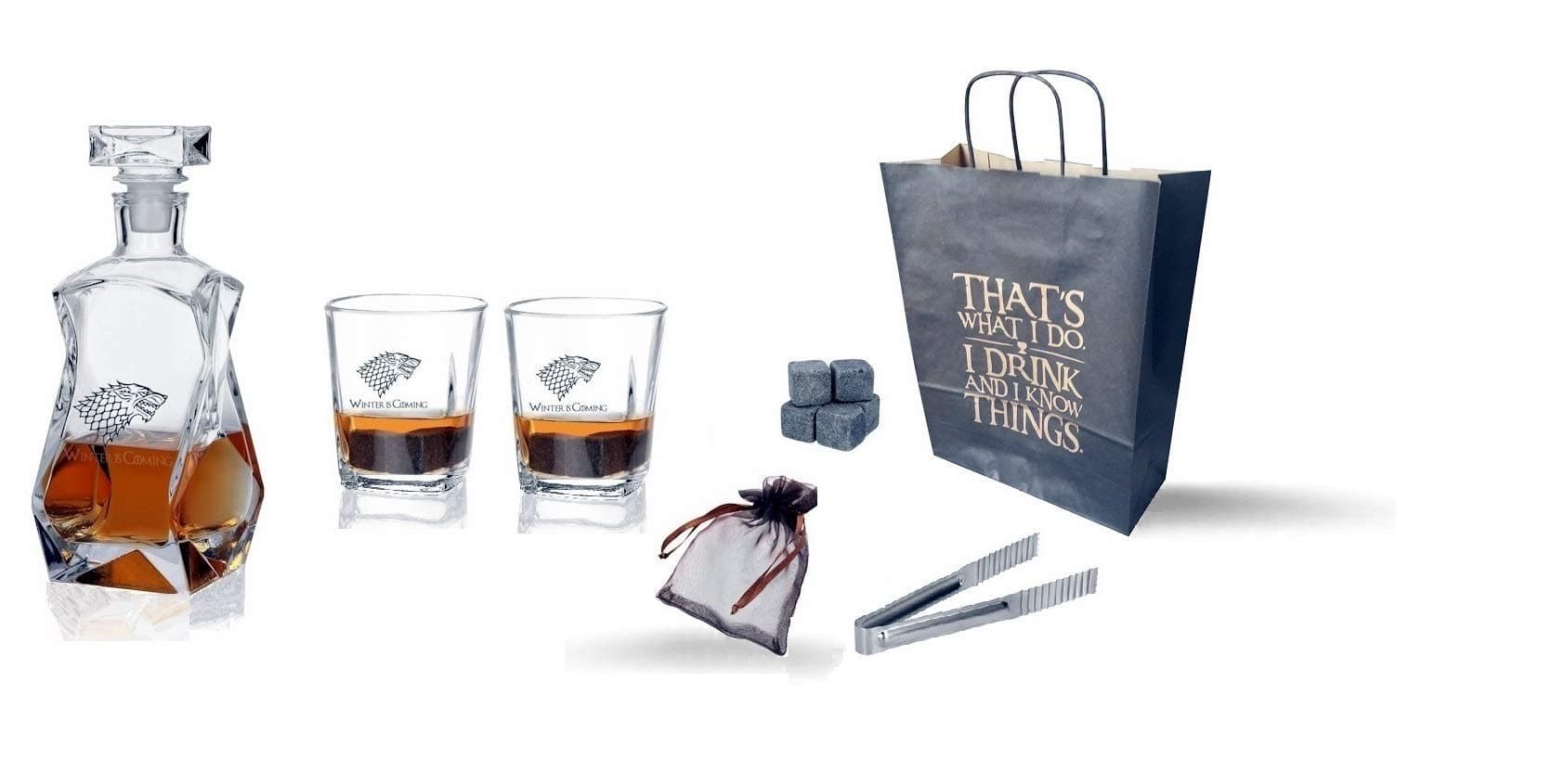Whiskey Decanter Set - I Drink and I Know Things Game of Thrones Inspired - 2 Scotch Glasses, 750 ml Liquor Dispenser, 4 Stones and Spoon
