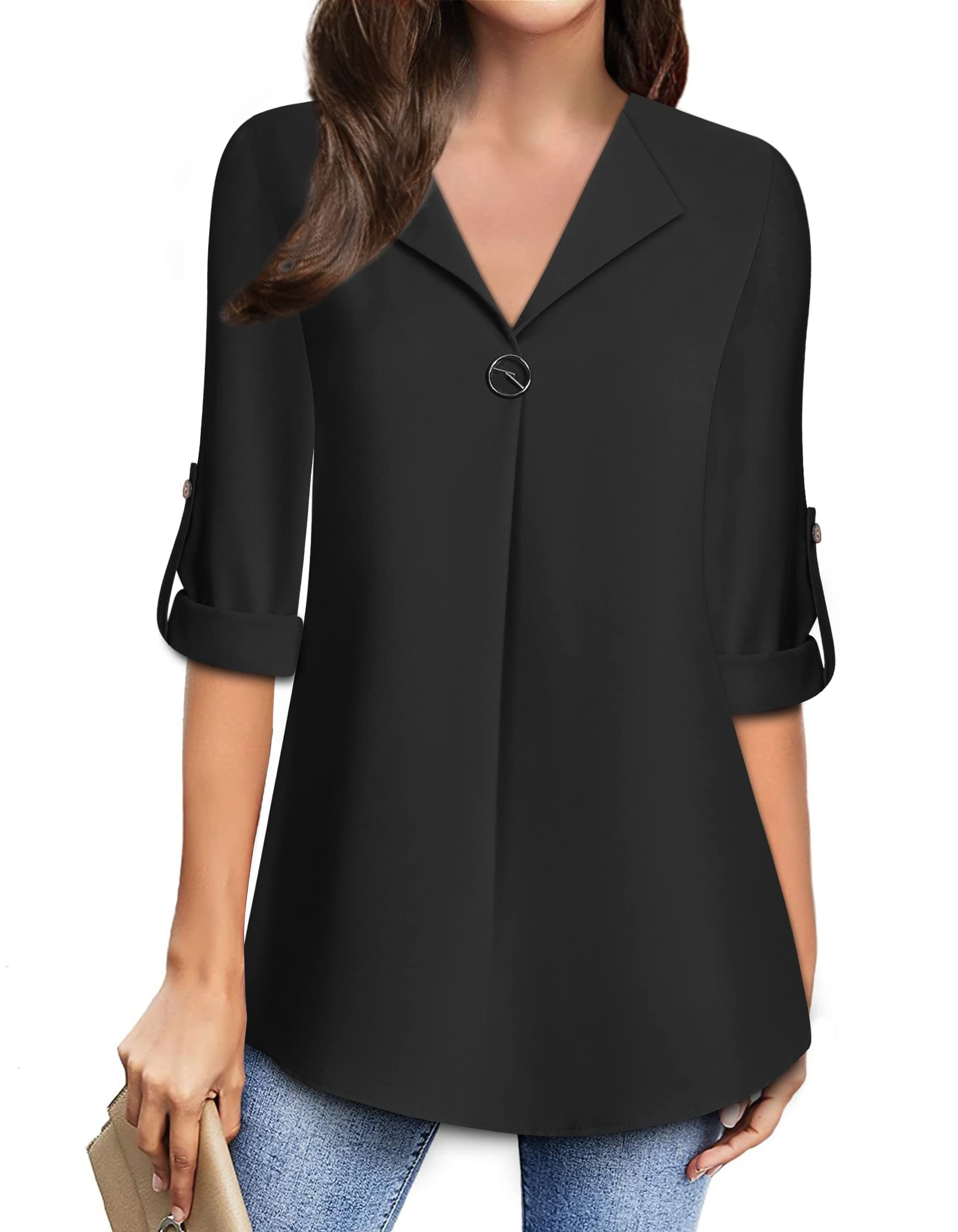 MOQIVGIWomens Roll Up 3/4 Sleeve Chiffon Blouses Trendy Dressy Work Casual V Neck Tops