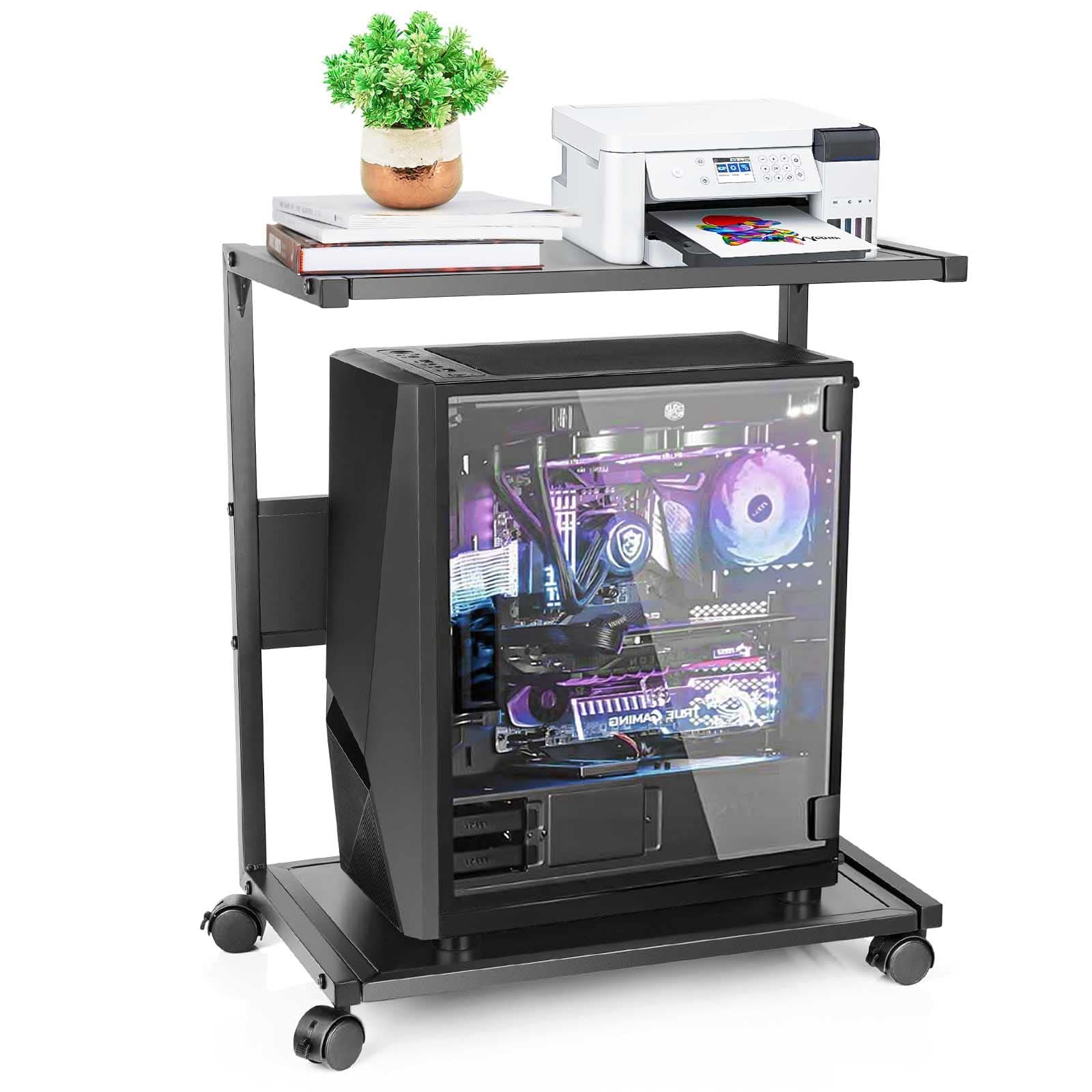 2 Tier Iron Computer Tower Stand with Lockable Casters - Fits Most PC (Black, L)