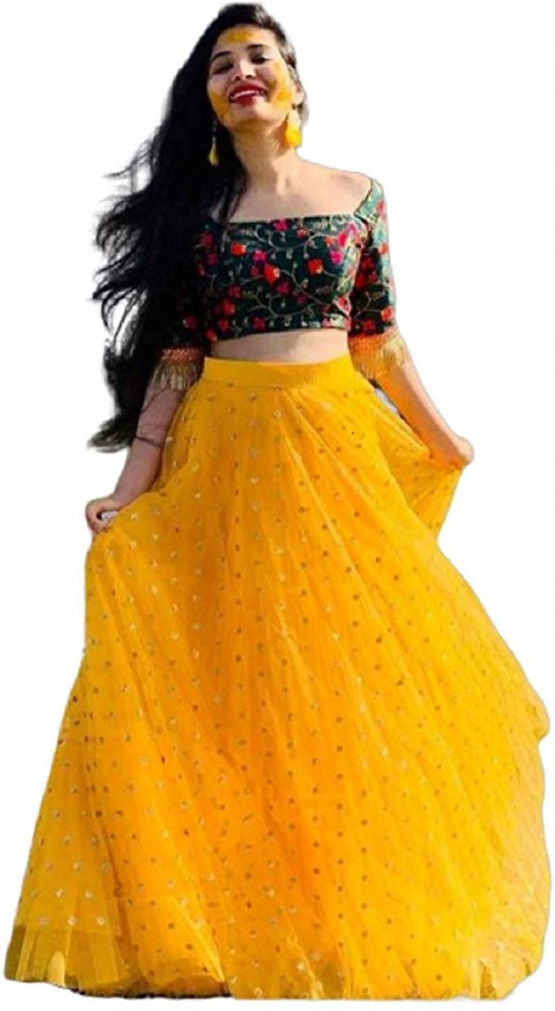 NPLASH FASHION Women's Net Semi stitched Lehenga Choli Roop Lengha choli (Yellow) Free Size