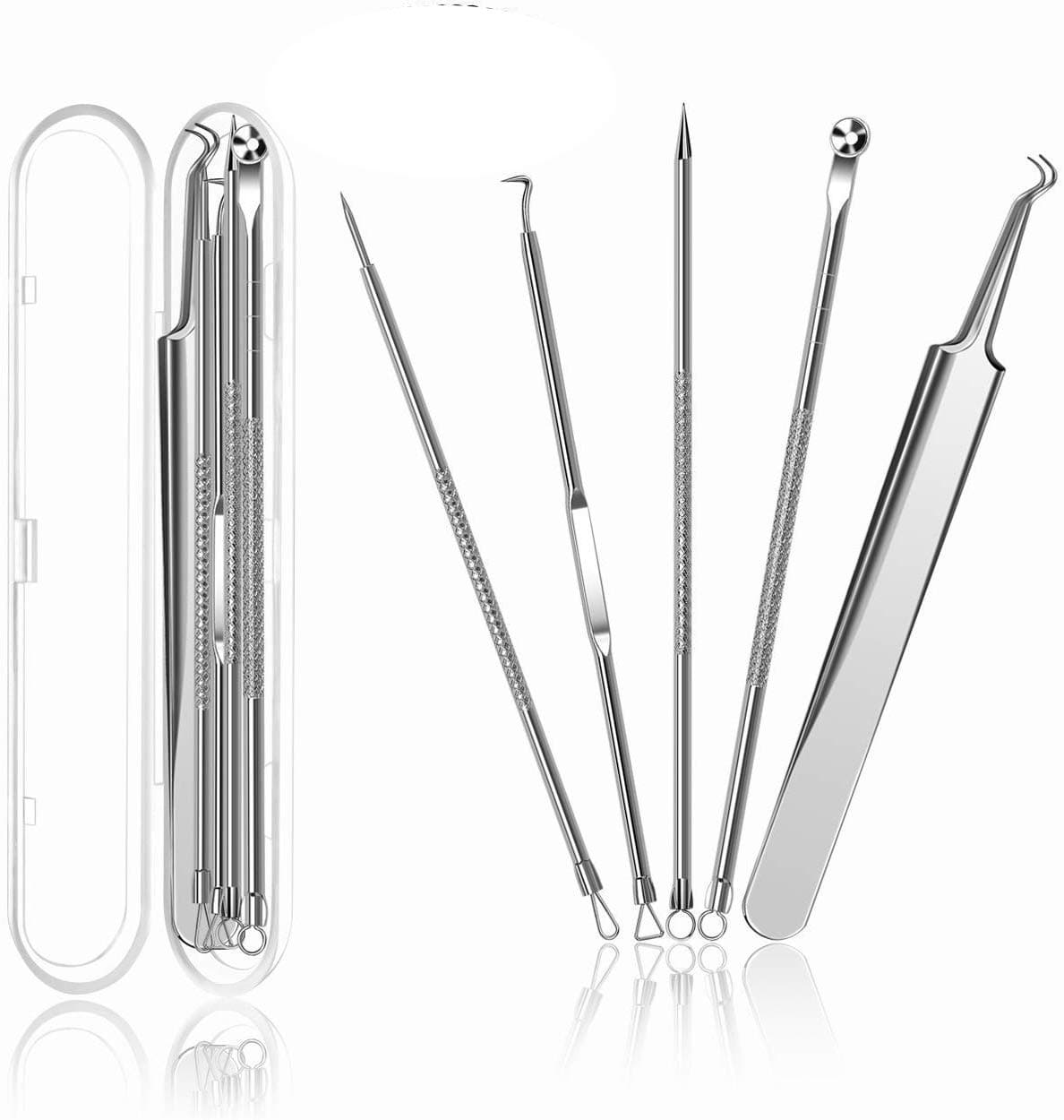 5PC Blackhead Remover, elloLife Premium Stainless Steel Pimple Acne Tools, Comedone Extractor, Blemish Whitehead Removal, Professional Curved Tweezers Kits