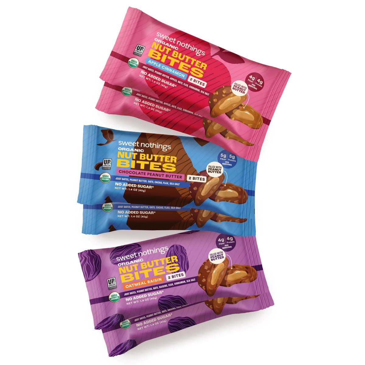 Sweet Nothings, Variety Pack: Chocolate, Apple Cinnamon, and Oatmeal Raisin, USDA Organic Nut Butter Bites Protein Bar, Nut & Date Snack, Filled with Peanut Butter, 6-2 Bite Value Packs (2 of each