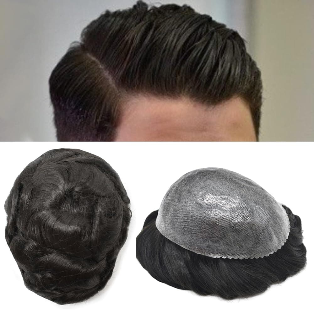 LYRICAL HAIR Toupee for Men Hairpiece Replacement System Male Prosthesis Full Poly Thin Soft Human Hair Piece for Men 8X10 Injected PU Durable Skin Mens Wig #1B Off Black