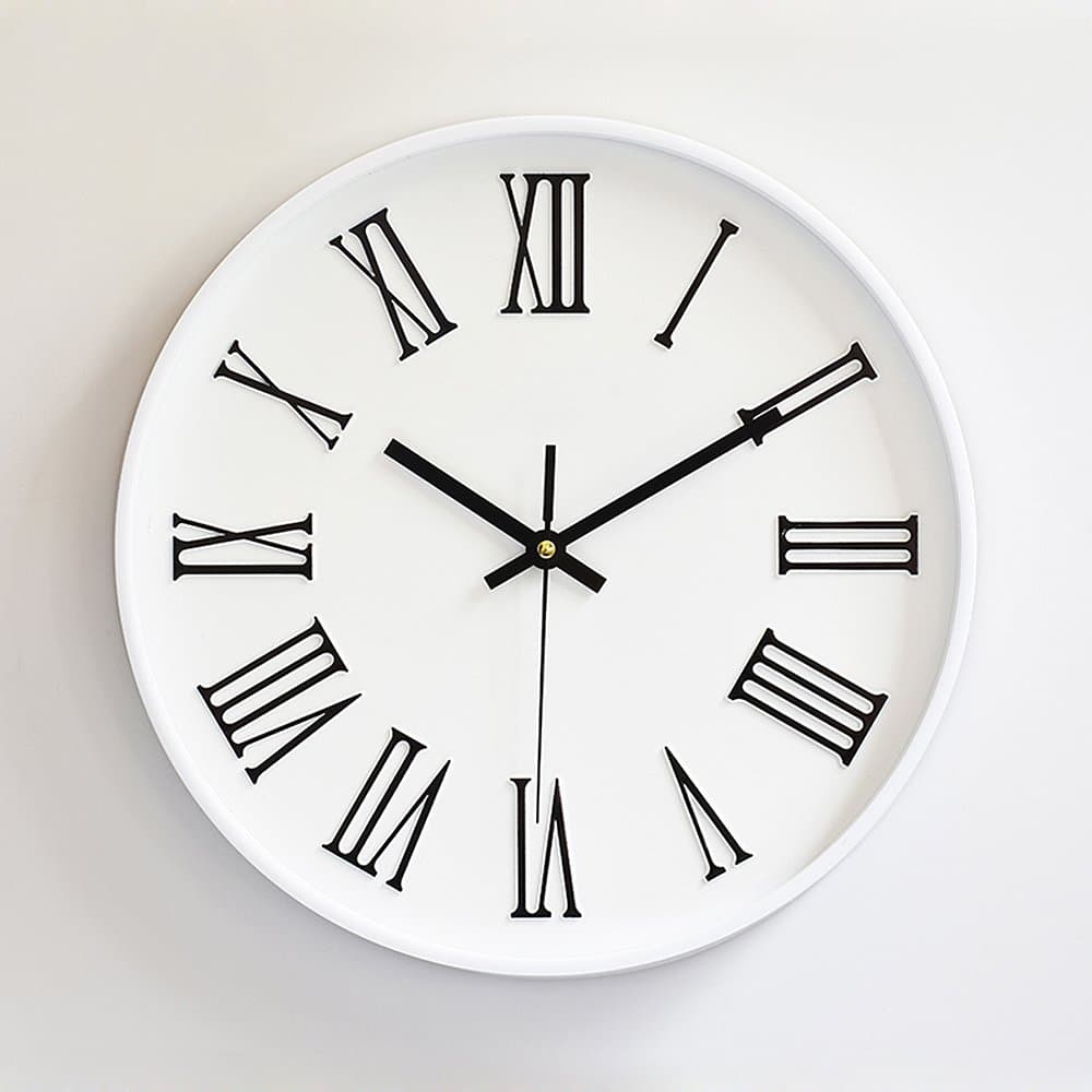 KKLOCK Wall Clock Mute Movement Sweep Slient for Living Room Bedroom Kitchen AA Minimal Simple with Roman numerals 12 Inch White and Black ABS (Battery not included)