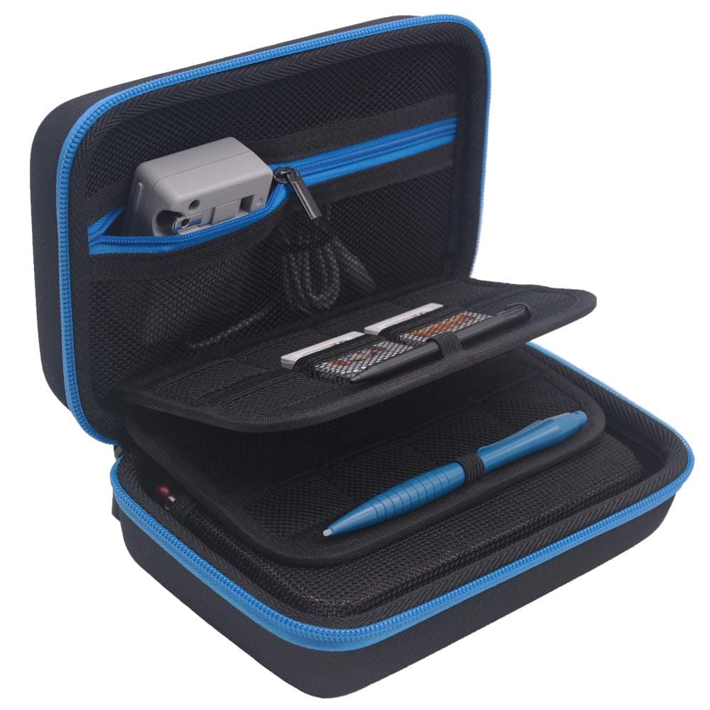 Carrying Case for New Nintendo 3DS XL, 2DS XL, 3DS Case, Fits Wall Charger, 16 Game Card Holders, Hard Shell and Accessories Pocket - Black/Blue