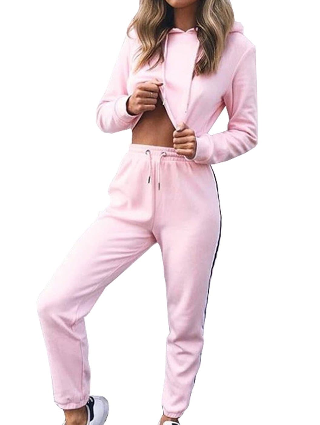Womens Long Sleeve Sweatshirt Hipster Sweatsuit Sweatpants Side Striped Cropped Hoodie Joggers PantsTracksuit 2 Piece Set
