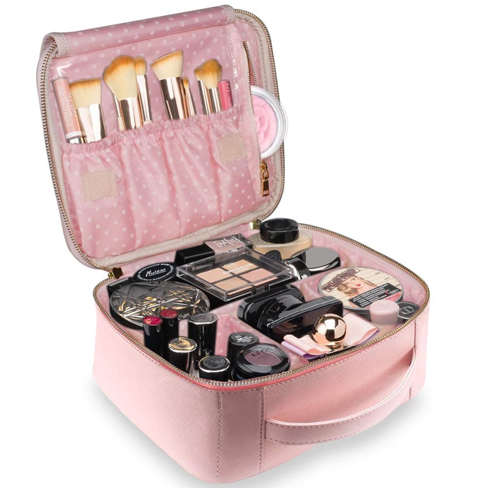 TOPSEFU Professhional Large Pu Leather Make up Bag, Makeup case Waterproof Detachable Makeup Organizer Toiletry Cosmetic Bag for Men Women Pink