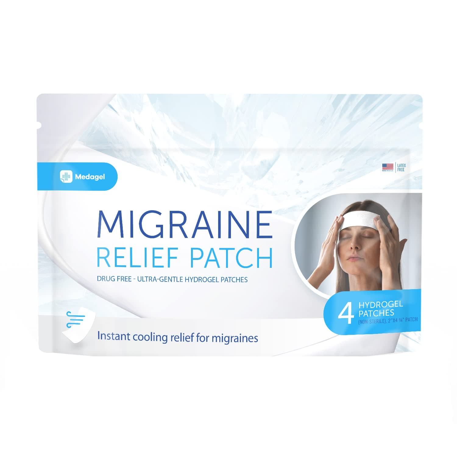 Migraine Relief Patch, Cooling Patches for Migraine, Fever, Hormone, & Headaches, Mess & Odor-Free Hydrogel Cooling, Made in The USA, 1 Pack (4 x Patches) White