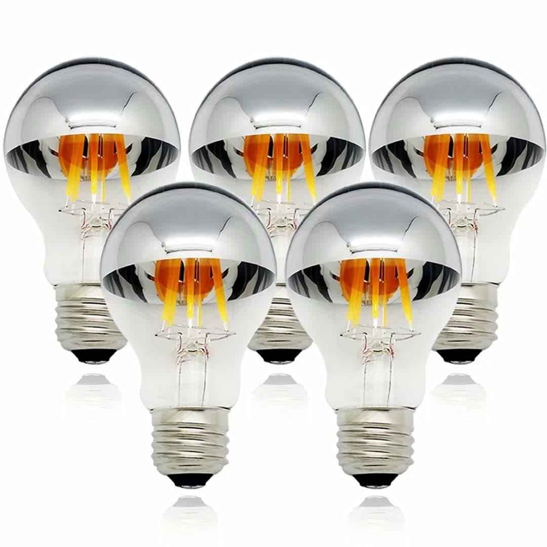 Half Chrome Light Bulb Dimmable 6W (Equivalent 60 Watt) LED Edison Bulb A60 Half Silve Dipped LED Bulb Globe Shape 2700K Warm White Decorative Mirror Light Bulb CRI 90+ E26 Base Pack of 5