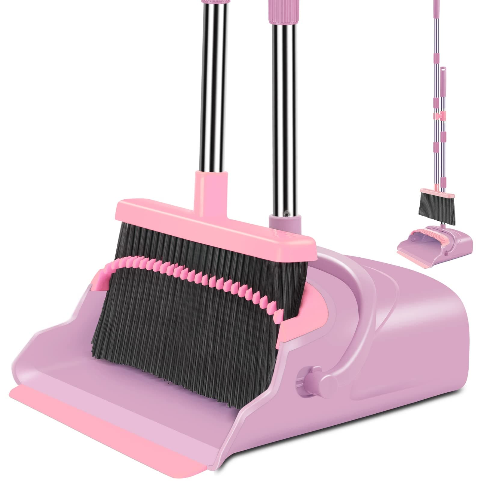 Broom and Dustpan Set for Home, Office, Indoor&Outdoor Sweeping, Stand Up Broom and Dustpan (Pink)