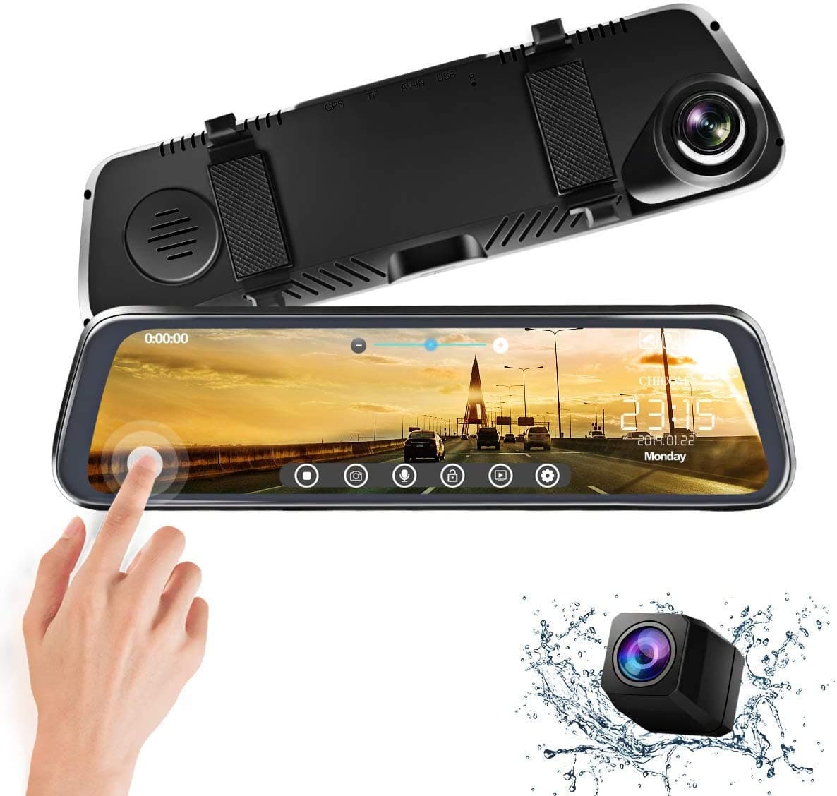CHICOM 9.66 inch Mirror Dash Cam Touch Full Screen ; 1080P 170° Full HD Front Camera;1080P 140°Wide Angle Full HD Rear View Camera;Time-Lapse Photography (V40-1080P)