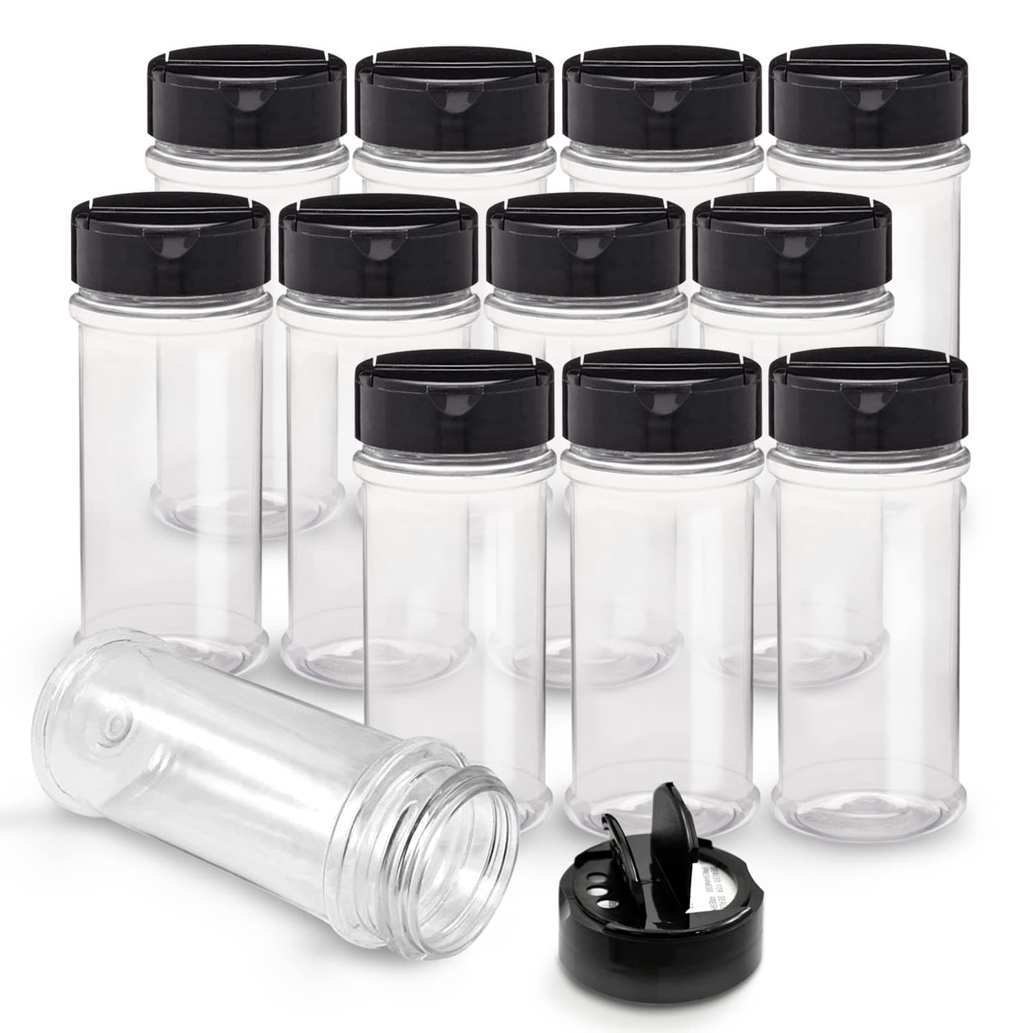 RoyalHouse 12 Pack 5.5 Oz Plastic Spice Jars with Black Cap, Clear and Safe Plastic Bottle Containers with Shaker Lids for Storing Spice, Herbs and Seasoning Powders, BPA Free, Made in USA