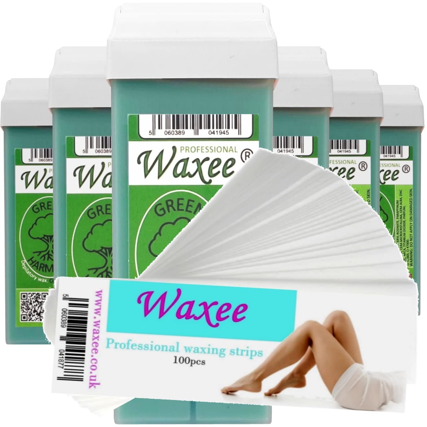 Roll on wax roller wax cartridge 100ml- Waxee wax refill 6pcs+ 100 waxing strips (Green Harmony)