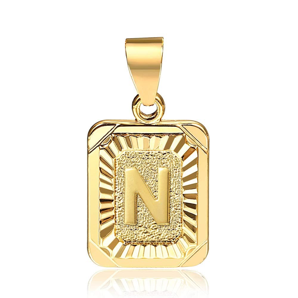Hermah 26 Gold Plated Square Capital Initial Letter Charm Pendant Necklace for Men Women Box Steel Chain 18-22inch