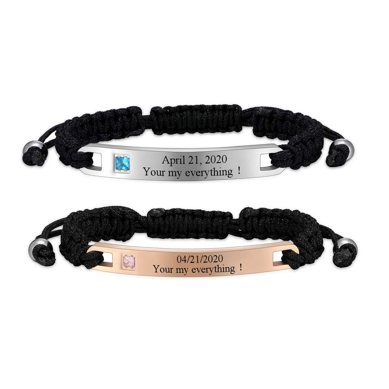 JSDDE Personalized Custom His and Hers Handmade Rope Braided Nameplate ID Matching Couple Bracelets (Silver+Rose Gold)