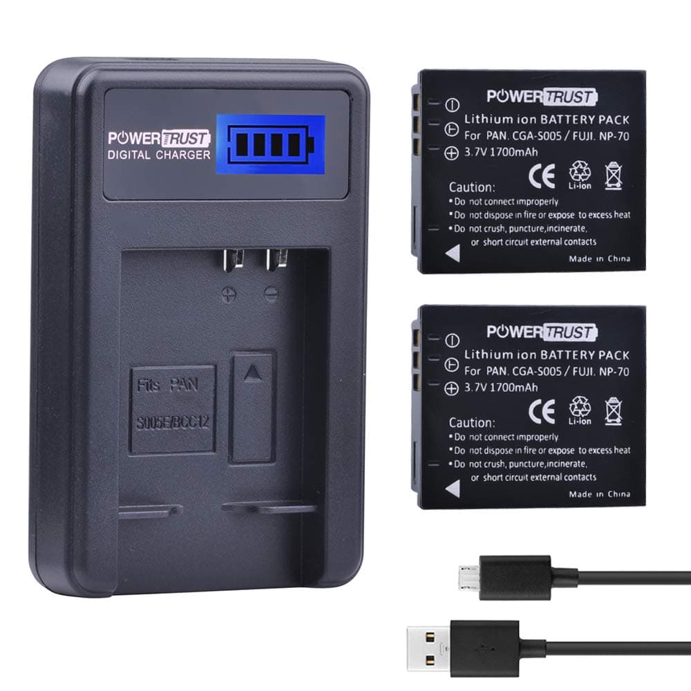 PowerTrust 2 Pack 1700mAh CGA-S005 CGA-S005E Battery and LCD USB Charger for for Panasonic Lumix CGA-S005 S005E DMW-BCC12 and Lumix DMC-FS1 FS2 DMC-FX01 FX07 DMC-FX1 FX3 FX8 FX9 FX10 FX12 FX50