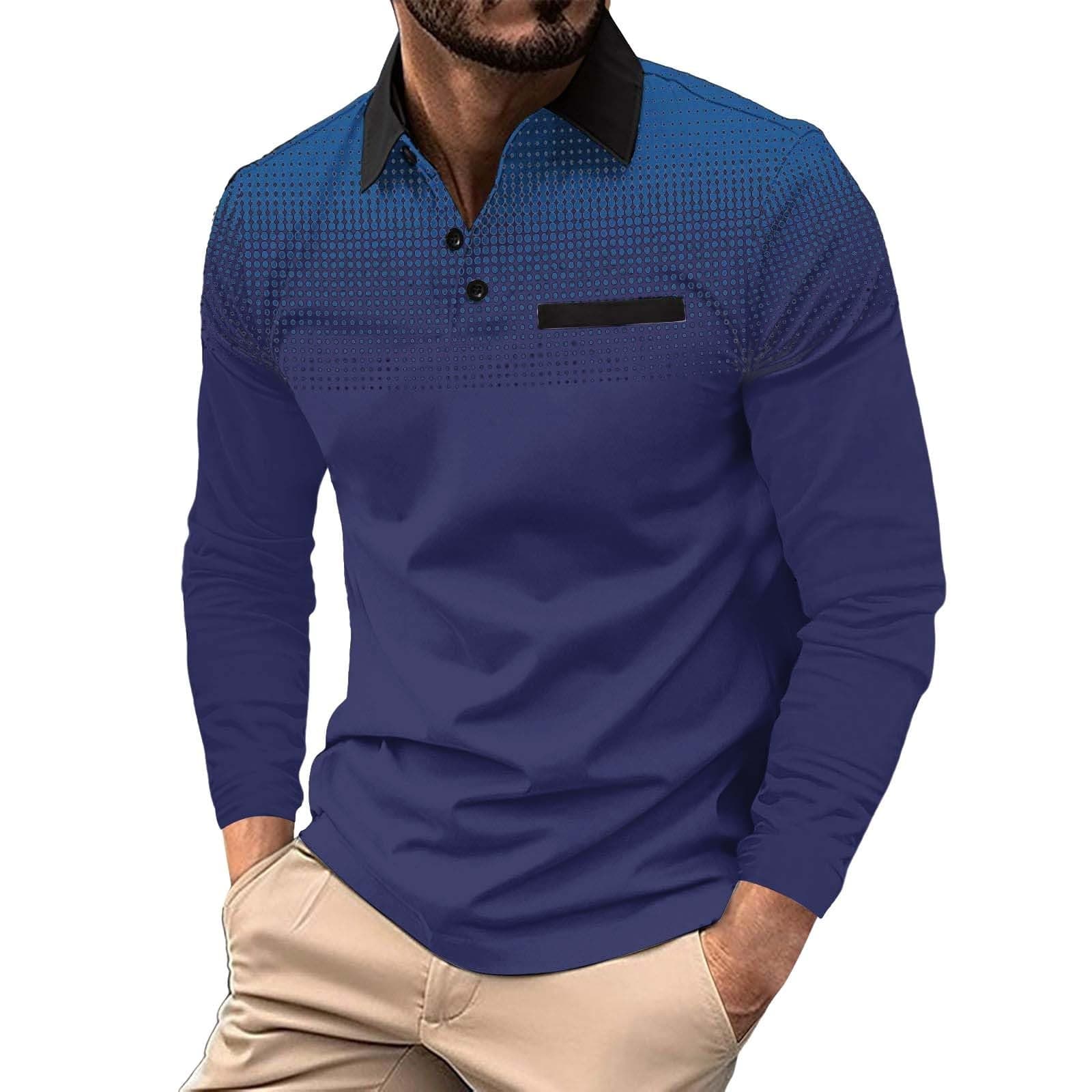 Men's 1/4 Button Down Lapel Polo Shirt Long Sleeve Gradient Fit Slim Shirts Solid Color Pocket Casual Fashion Tops