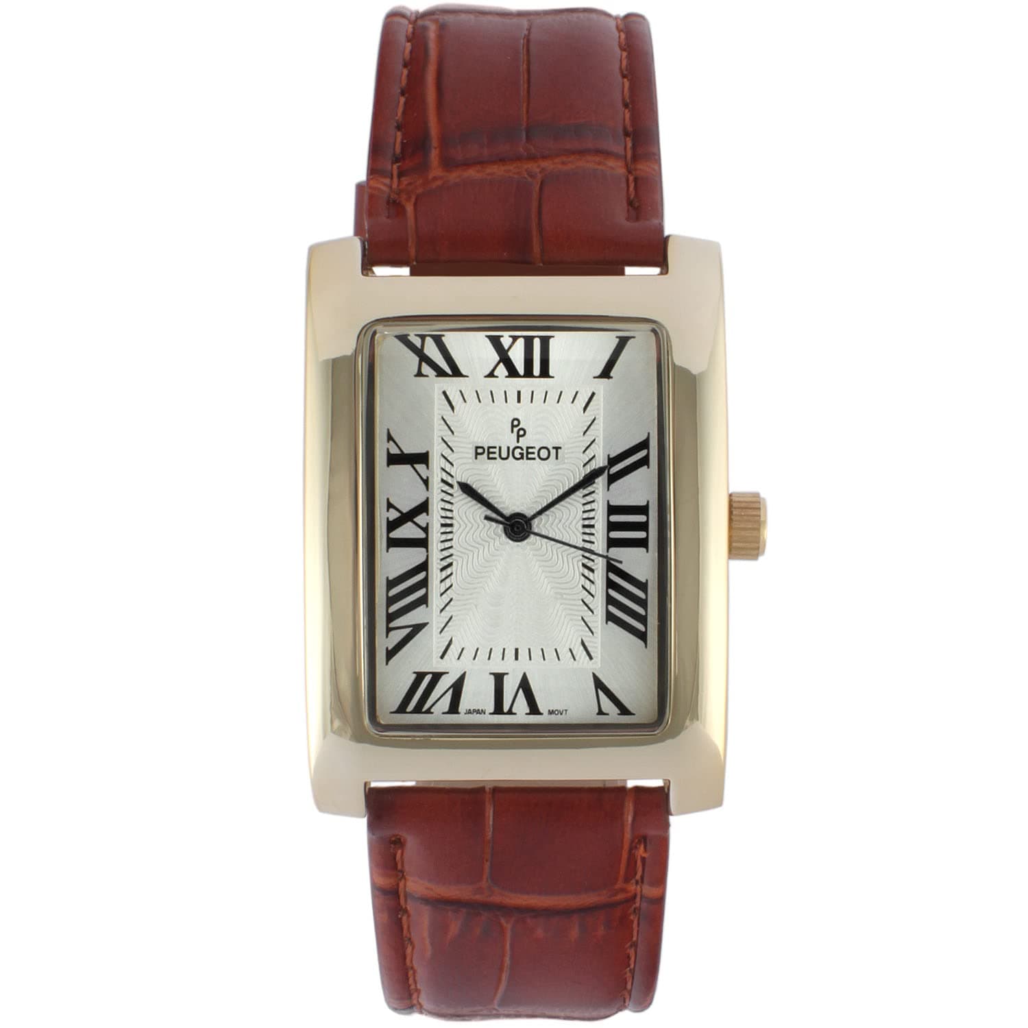Men's Vintage Rectangular 14K Gold Plated Wrist Watch with Matching Leather Strap Band