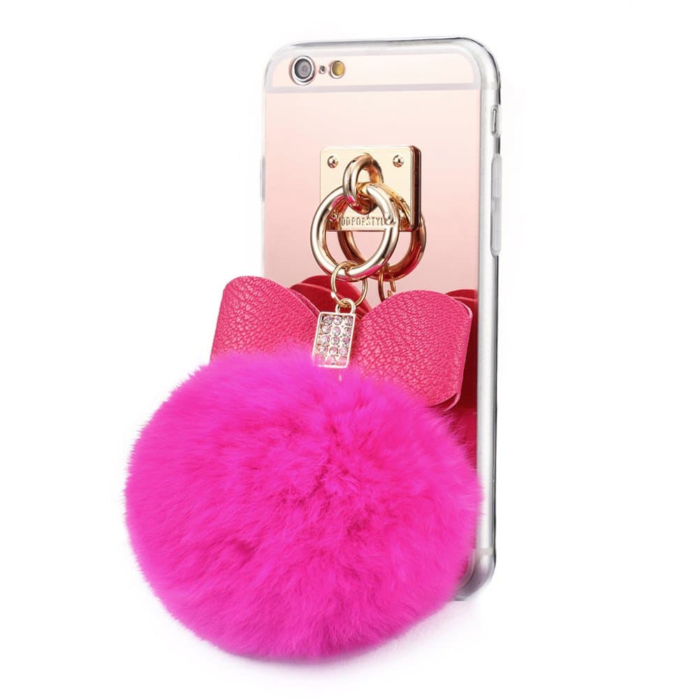 iPhone 5 Fur Case,Generic Pom Pom Case,Plush Fur Ball Diamond Soft TPU Gel Back Case Cover for iPhone 5/5S/SE (Hot Pink)