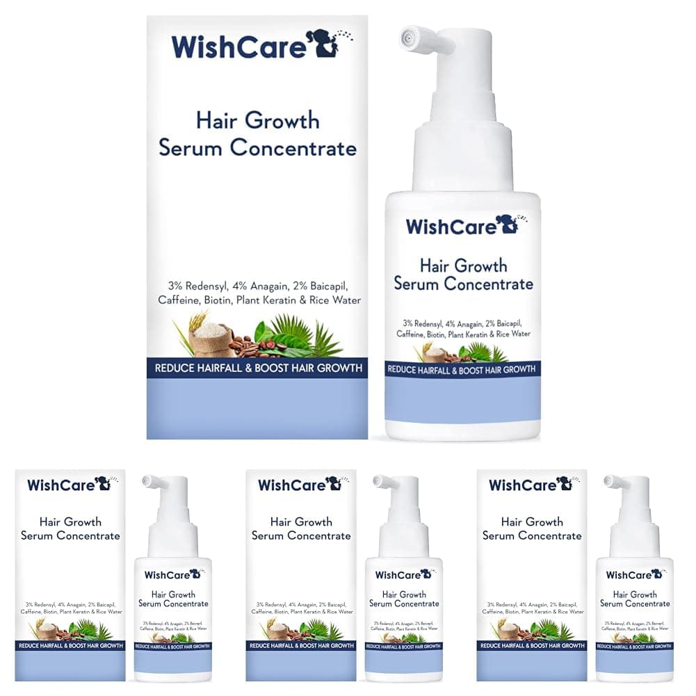 WishCare Hair Growth Serum Concentrate - 3% Redensyl, 4% Anagain, 2% Baicapil, Caffeine, Biotin, Plant Keratin & Rice Water - Hair Growth Serum for Men & Women (Pack of 4)