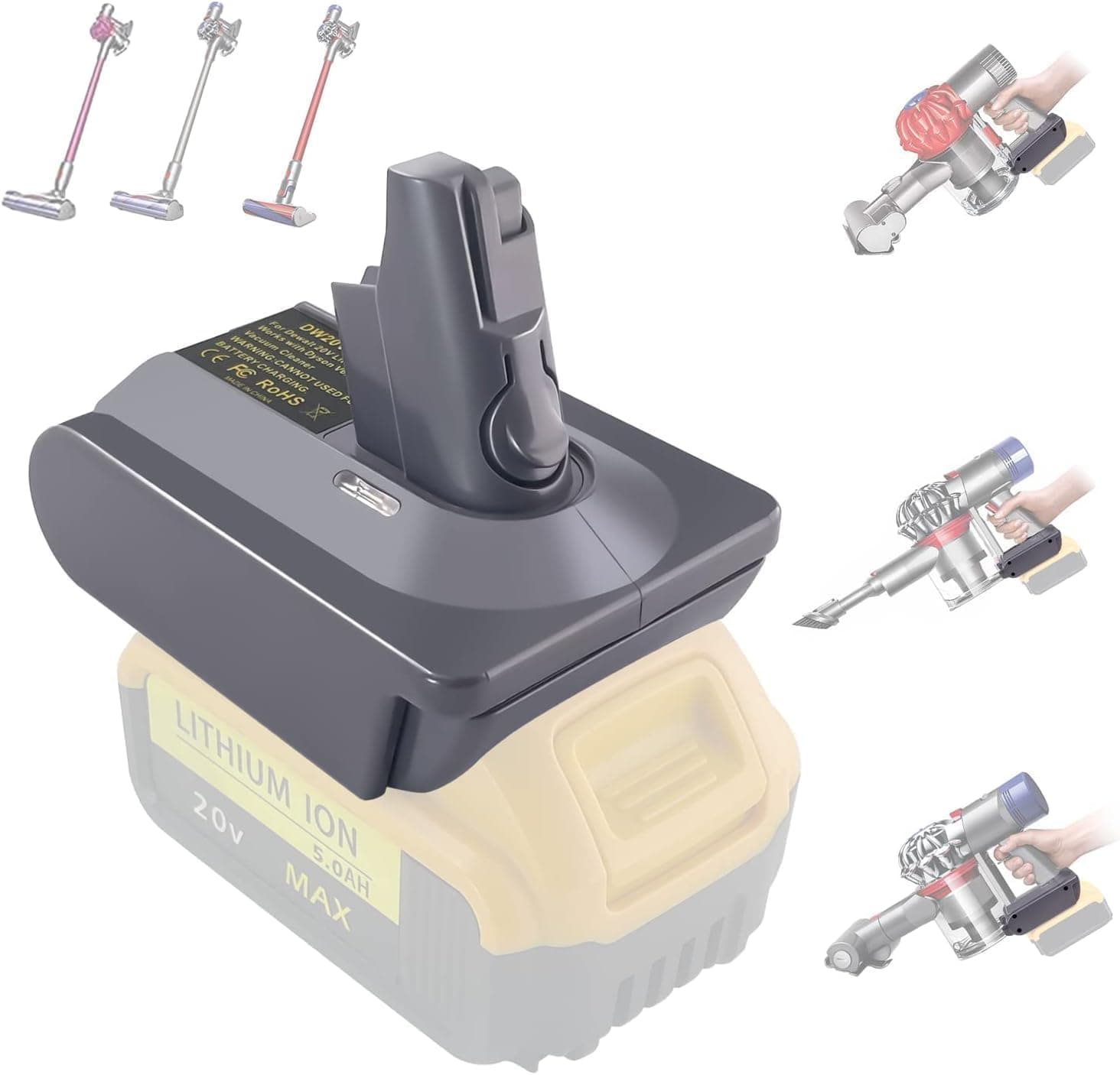 【Upgraded】3-in-1 V6/V7/V8 Adapter for Dewalt 20V 60V Battery Convert to for Dyson V6/V7/V8 Series Handheld Vacuum Cleaner Battery Compatible with V6/V7/V8 Animal Absolute V6/V7/V8 Common (Dewalt)