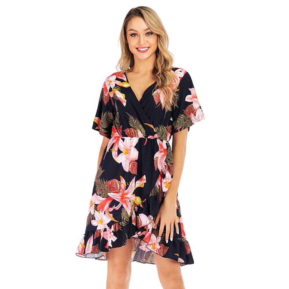 Women's Mini Dress Fashion Bohemian Floral Print Dresses Short Sleeve V Neck Irreguular Beach Dress Summer Casual Loose Elastic High Waist Ruffle Swing A-Line Dress Sundress