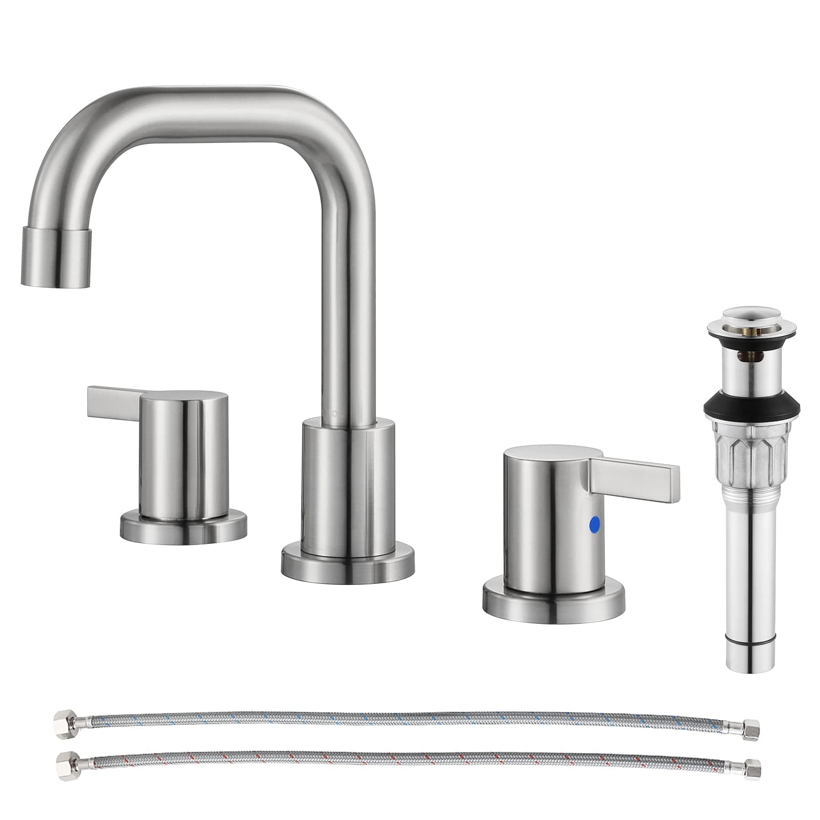 Two-Handle Widespread Bathroom Faucet with Metal Pop-up Drain Assembly and cUPC Faucet Supply Lines, Brushed Nickel, 13649