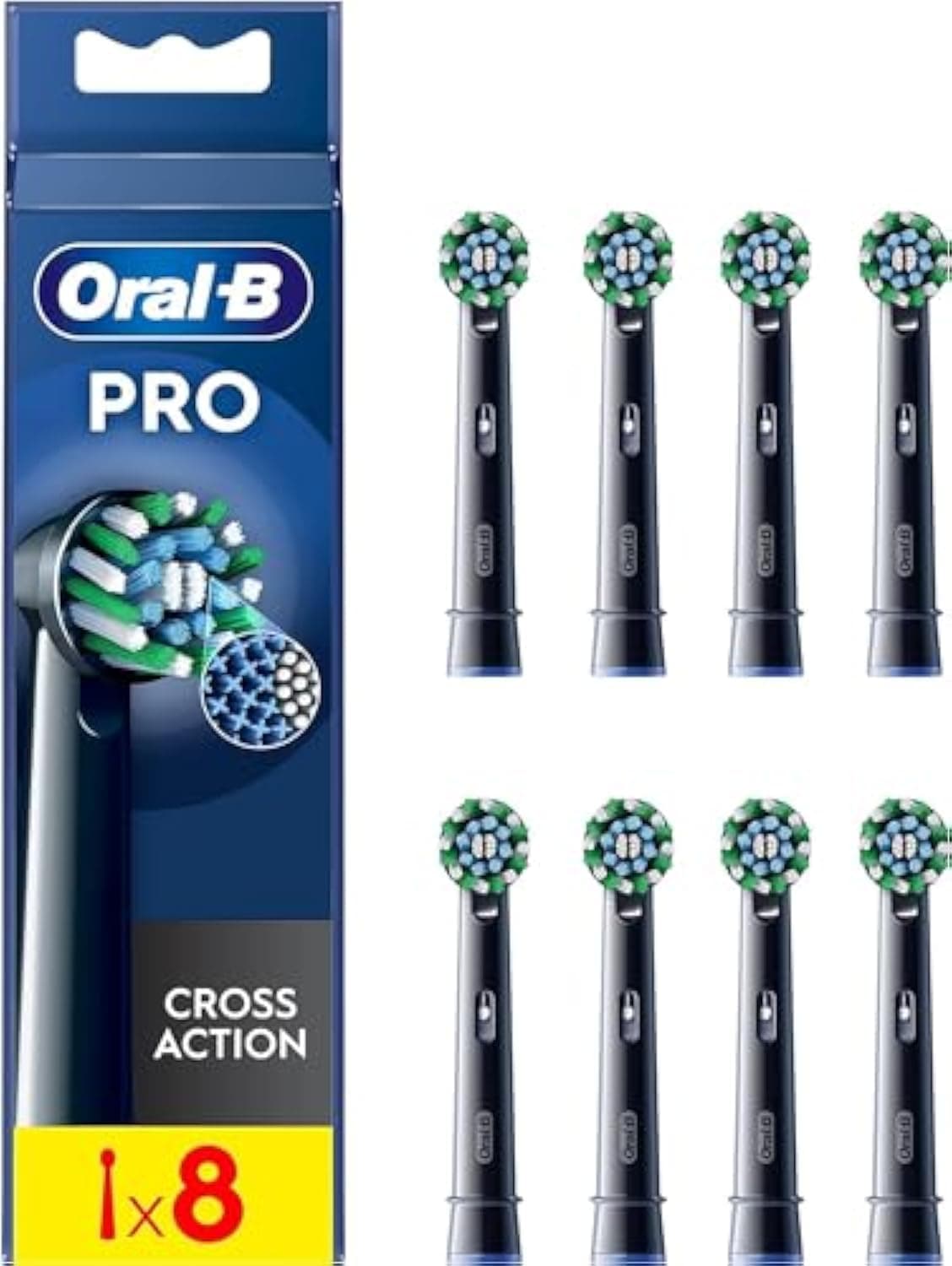 Pro Cross Action Electric Toothbrush Head, X-Shape and Angled Bristles for Deeper Plaque Removal, Pack of 8 Toothbrush Heads, Black