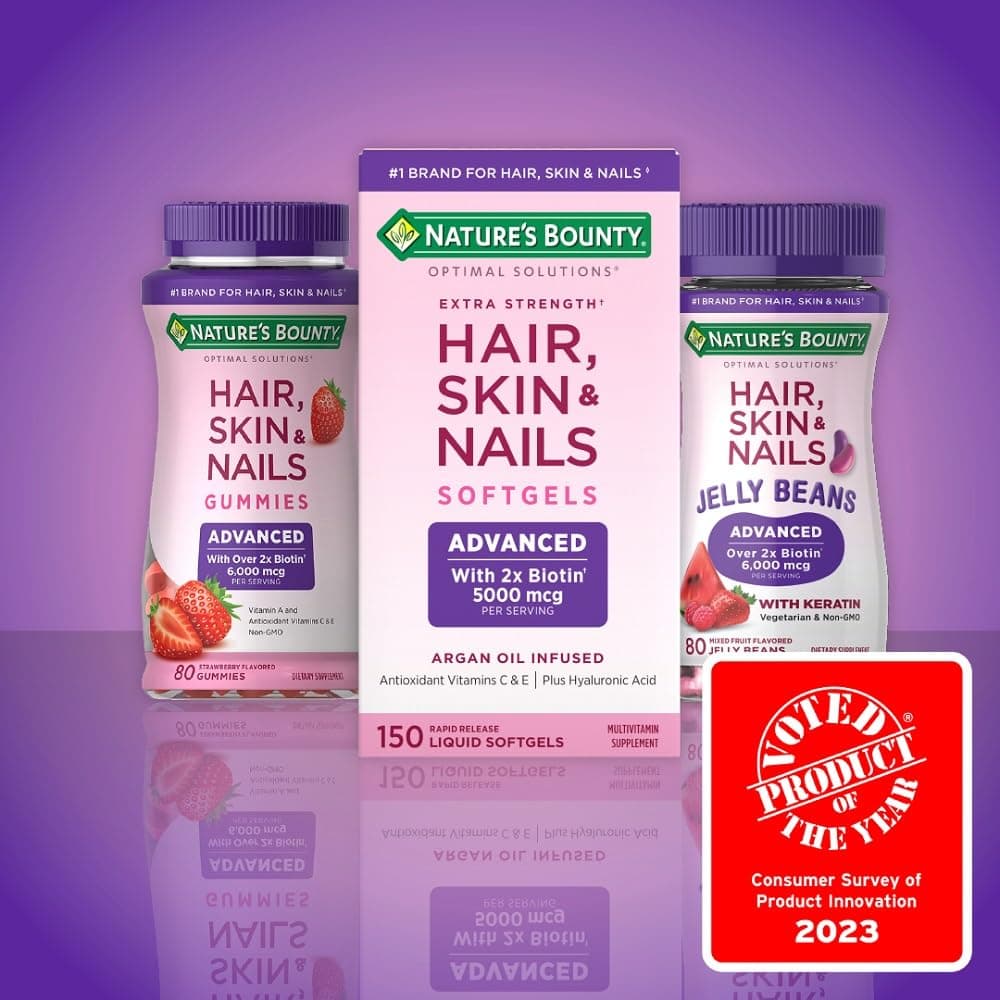 Nature's Bounty Optimal Solutions Advanced Hair, Skin & Nails Jelly Beans with Biotin, Mixed Fruit Flavor, 180 Count