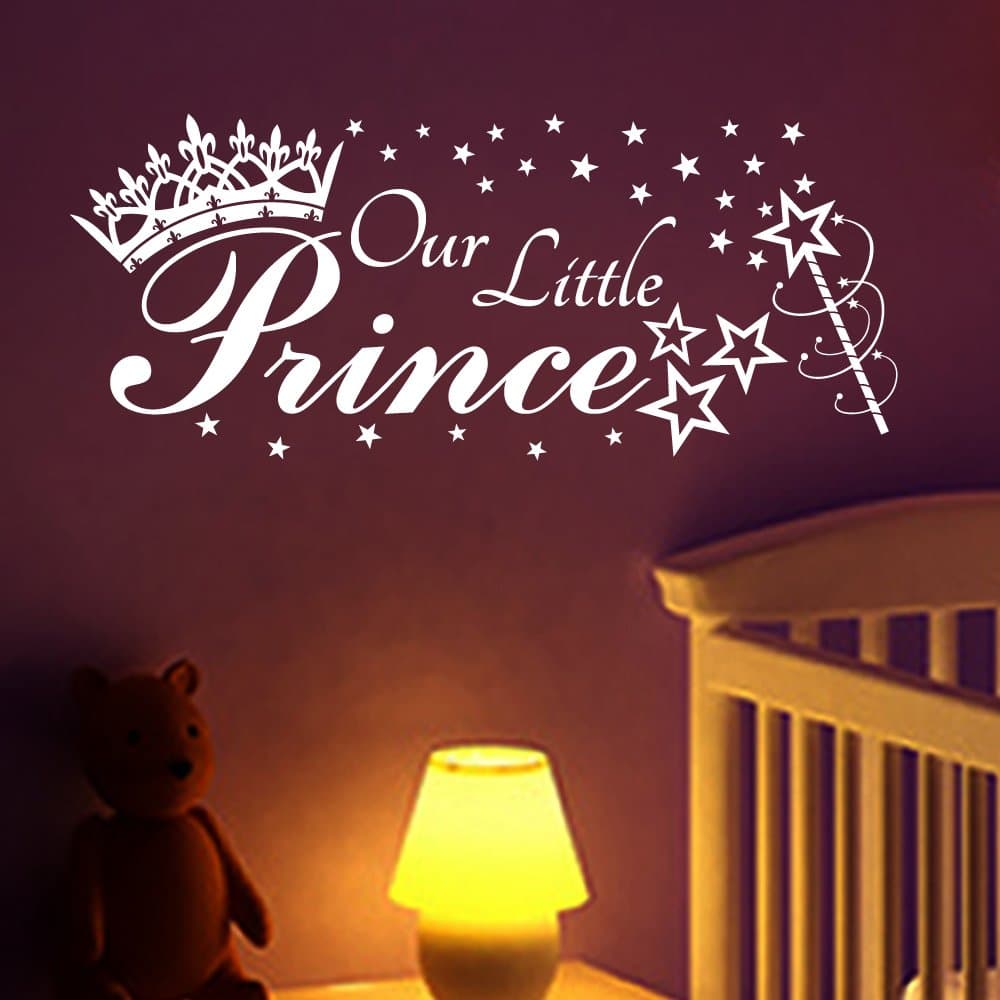 OUR LITTLE PRINCE, quote wall art sticker decal with crown, stars and magic wand, for baby boys or girls nursery, WHITE, 100x42 cm