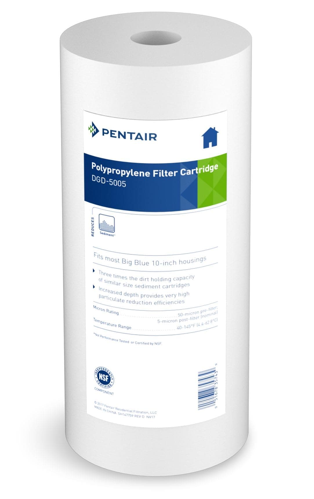 Pentair Pentek DGD-5005 Big Blue Water Filter, 10-Inch Whole House Sediment Filter Cartridge Replacement, Dual-Gradient Density Spun Polypropylene, 10" x 4.5", 5 Micron, Pack of 1