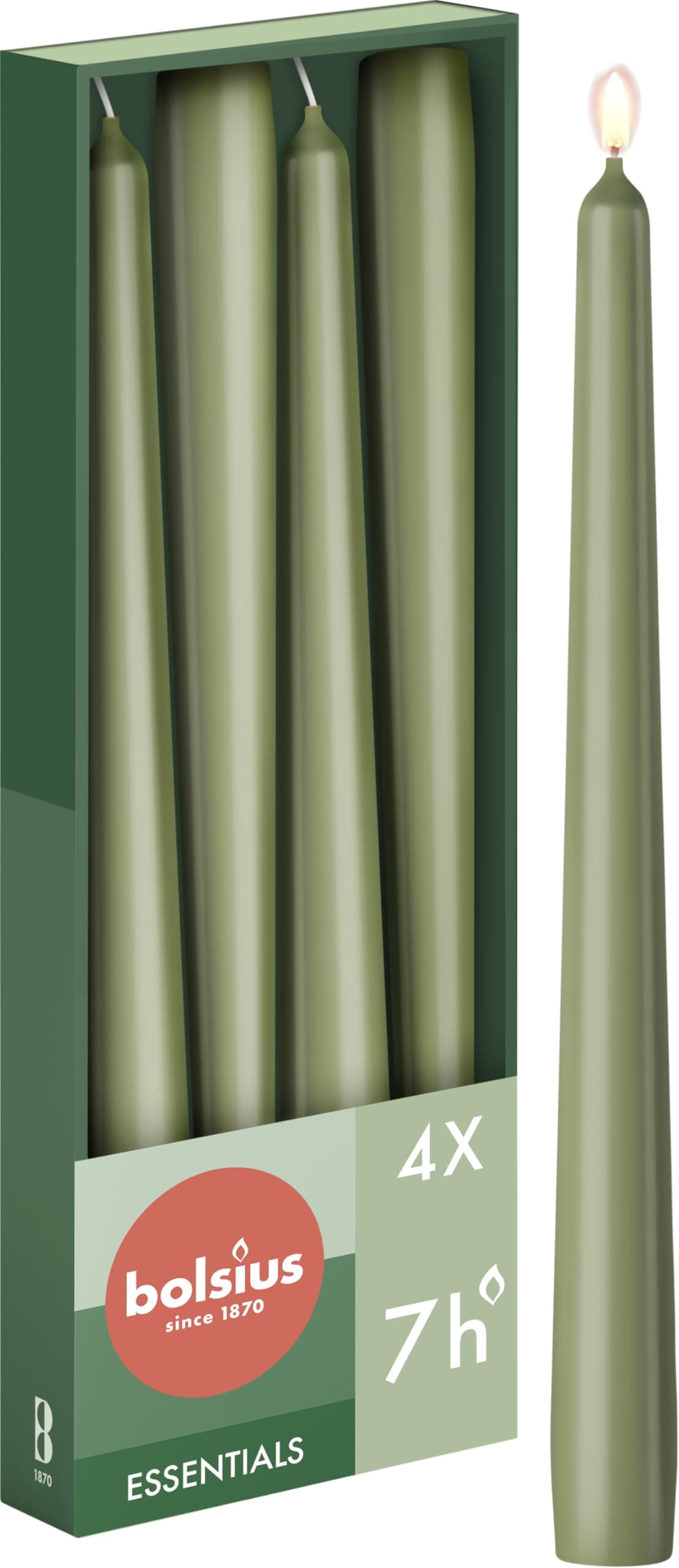 Bolsius Tapered Candles - Green - 4-Pack - 24.5 cm - Decorative Household Candles - Burning Time of 7 Hours - Unscented - Includes Natural Vegan Wax - Without Palm Oil