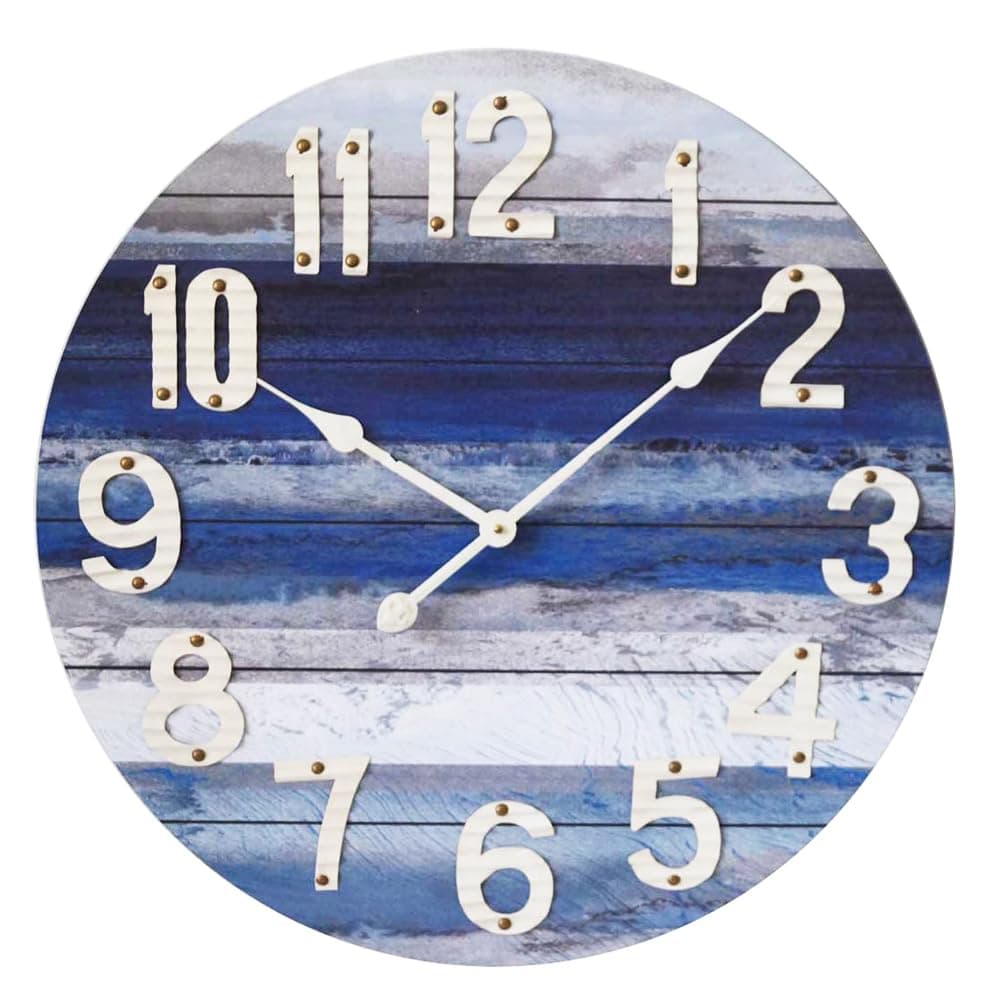 MODE HOME 24 Inch Large Beach Blue Wall Clock, Silent Non-Ticking Battery Operated Wall Clock, Rustic Vintage Beach Coastal Wall Decor, Farmhouse Wall Clocks for Living Room, Kitchen, Bedroom