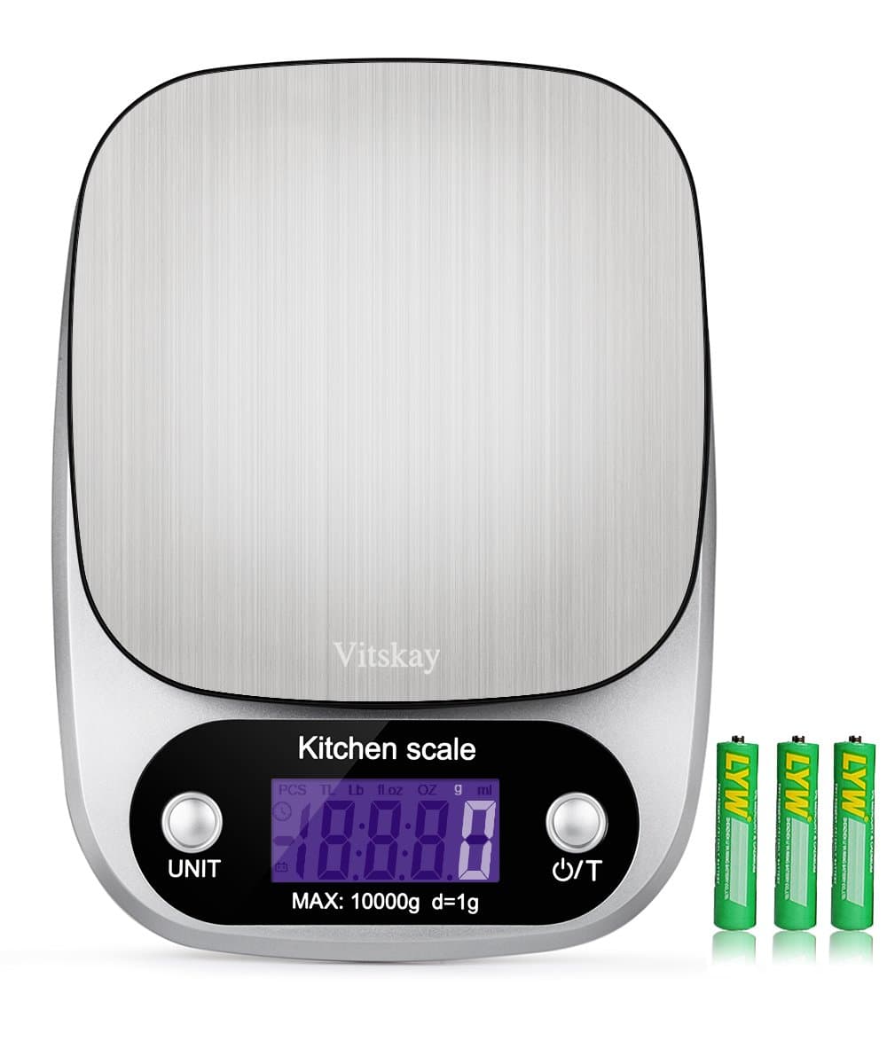 Vitskay Digital Kitchen Scale,Food Scale,Multifunction, 1g/0.002lbs to 22lbs,Stainless Steel,Back-Lit LCD Display,Silver(Batteries Included)