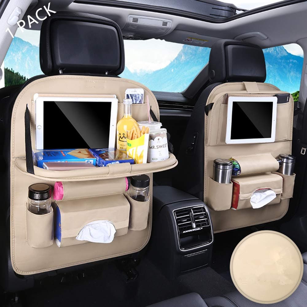 Car Backseat Organizer with Tablet Holder Protector Kick Mats for Kids Table Tray Foldable Dining Table with Tablet Holder Travel Accessories Organizer 1 Pack Beige