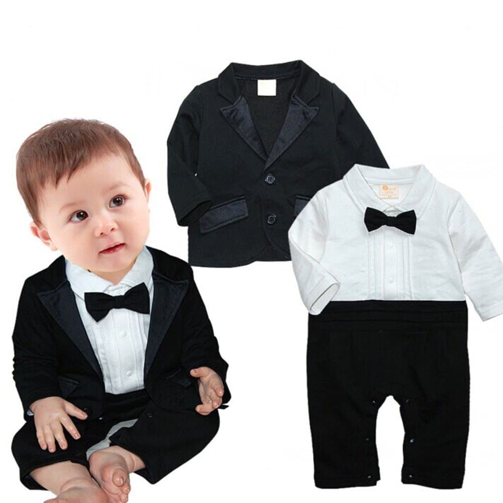 2PC Baby Boys Gentleman Tie Tuxedo Wedding Romper and Jacket Formal Wear Suit Outfit 0-6M